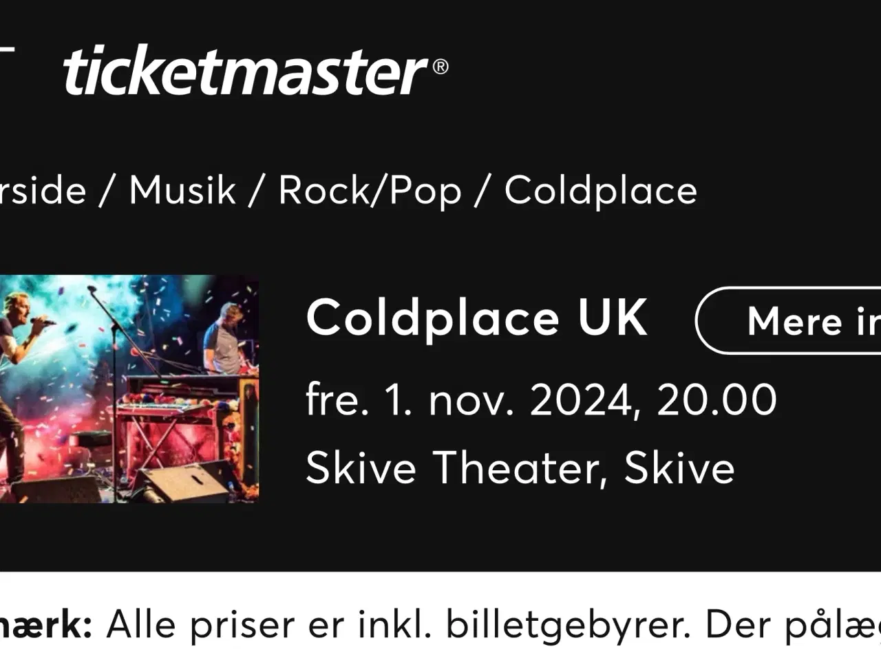 Billede 1 - 2 billetter Coldplace Skive Theater