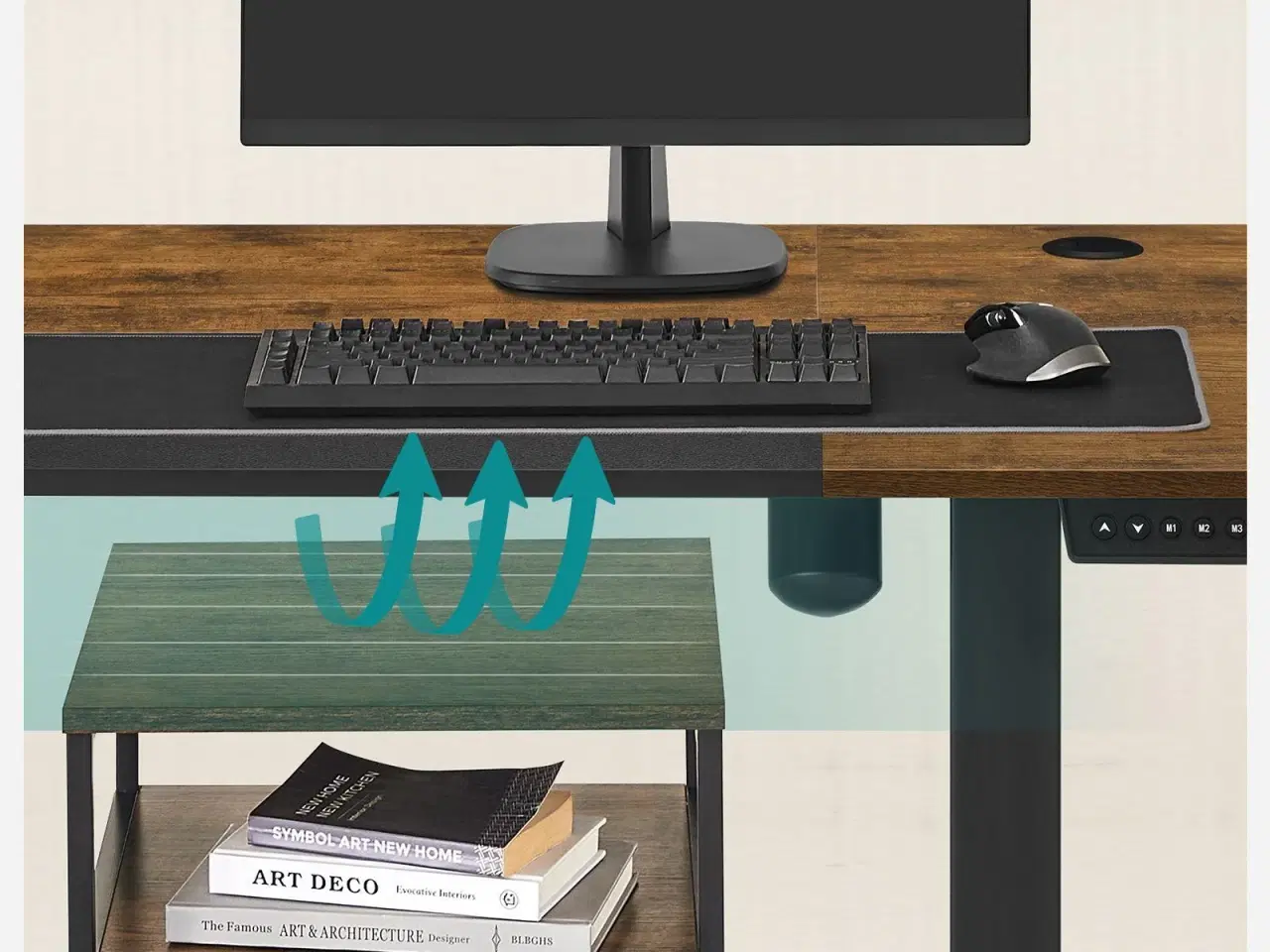 Billede 5 - Hæve-sænkebord, elektrisk – 60 × 140 × 72–120 cm, 4 hukommelser, belastningssikring, vintage brun/sort (LSD016X01)