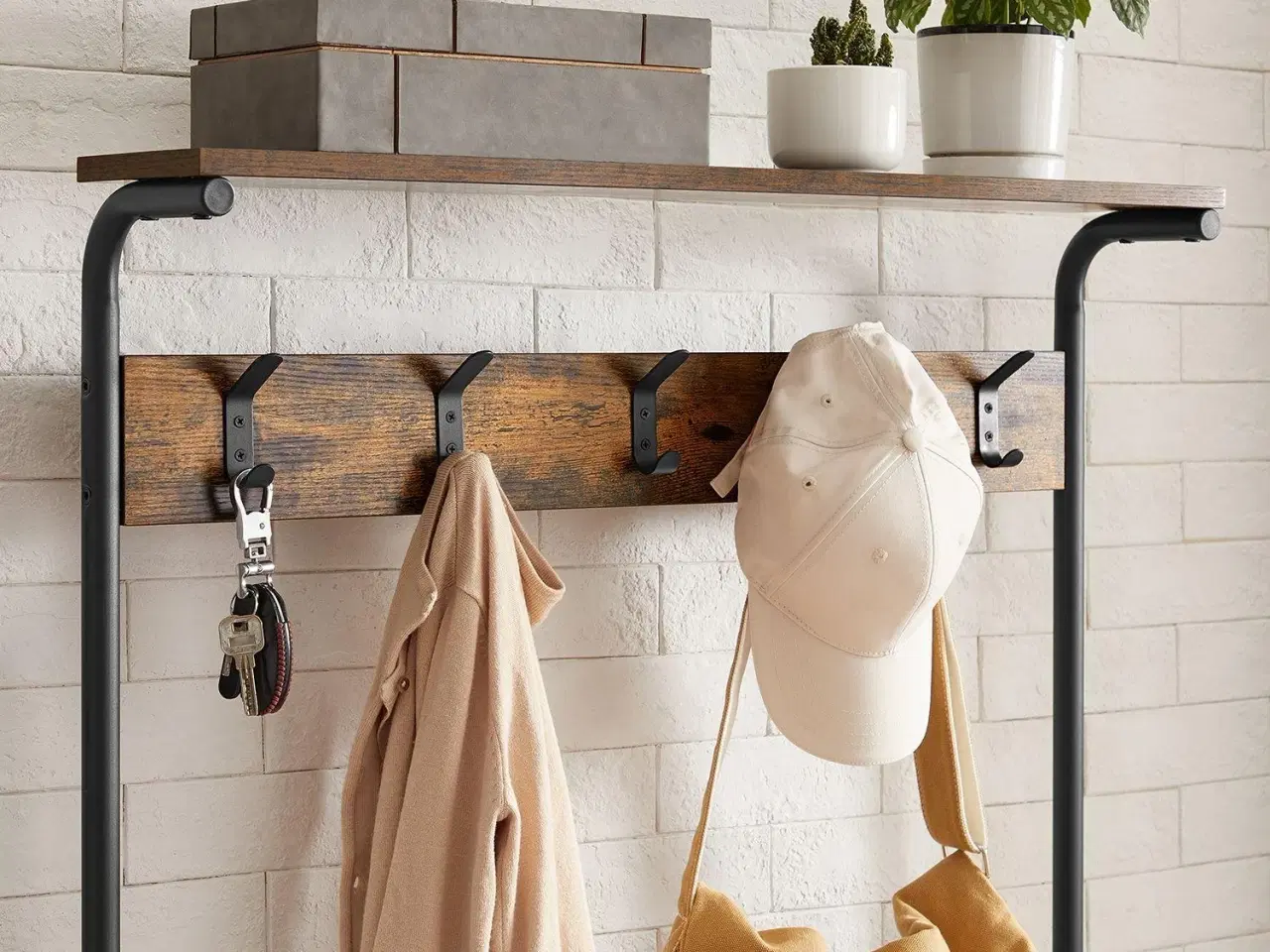 Billede 4 - Tøjstativ med skohylde hall tree, 5 niveauer, 5 dobbelte kroge, tophylde, industrielt look, rustik brun/sort (HSR408B01)