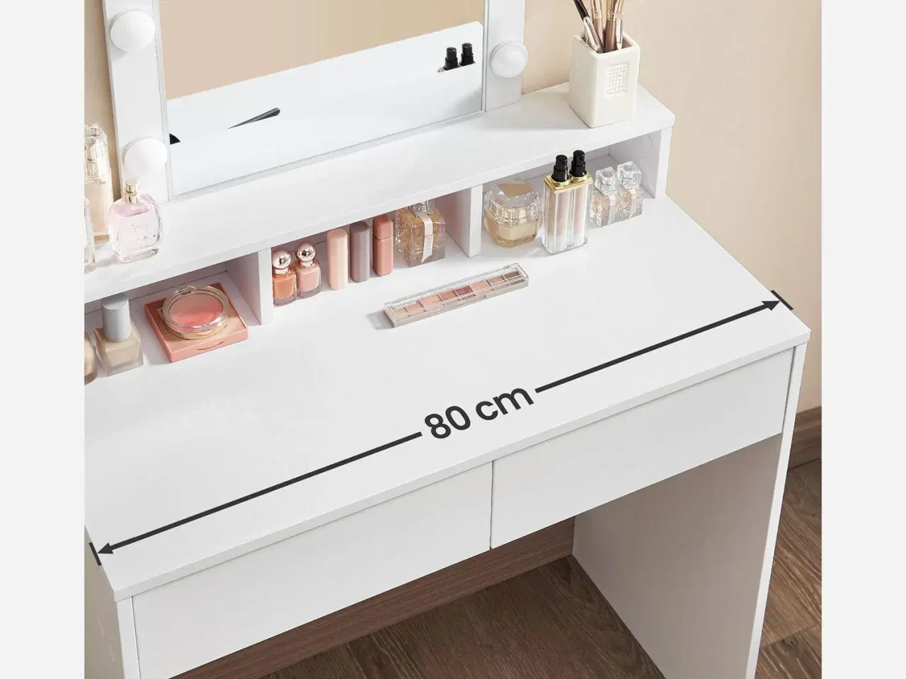 Billede 6 - Toiletbord med spejl og lys 2 skuffer, 3 åbne rum, hvid