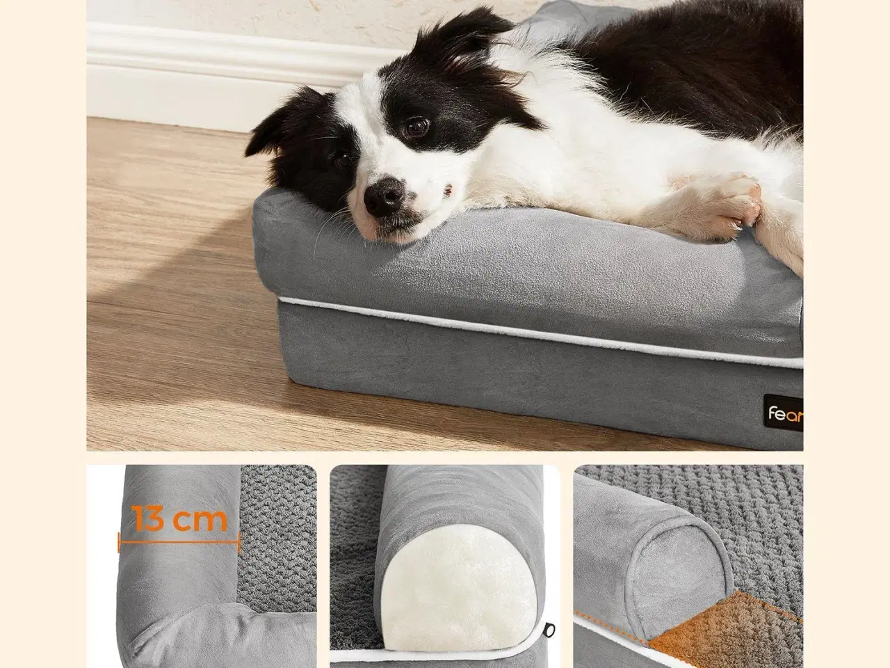 Billede 4 - Ortopædisk hundeseng med kanter – vaskbar, skridsikker, grå 91×71 cm