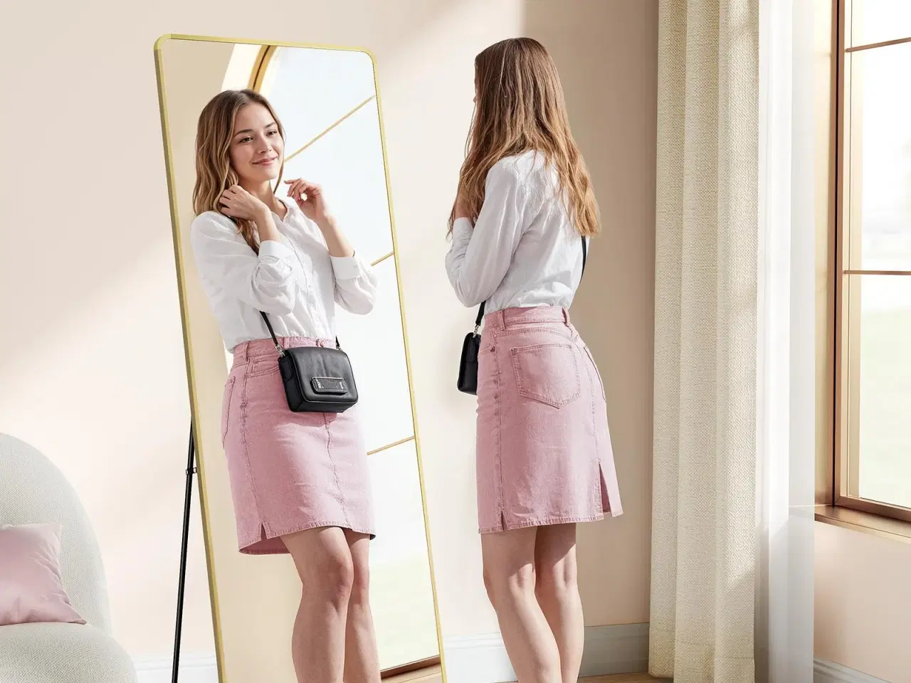 Billede 2 - Fuldfigurs gulvspejl 160 × 50 cm – rektangulært spejl med stander, hærdet glas, aluminiumsramme – lys guld