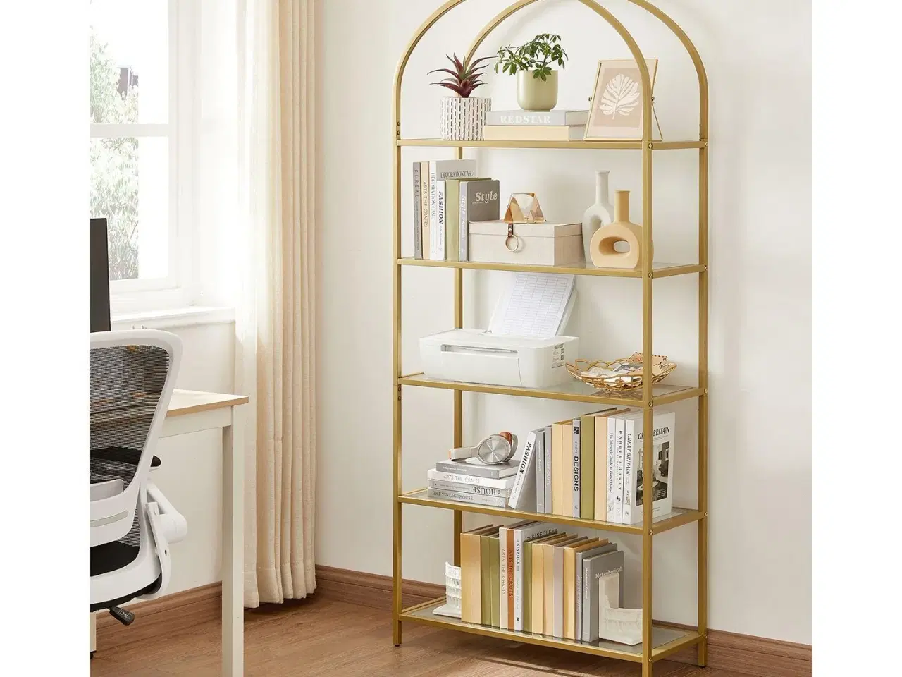 Billede 3 - Reol med 5 hylder – VASAGLE, hærdet glas og stål, buet design, gylden (LGT050A01)