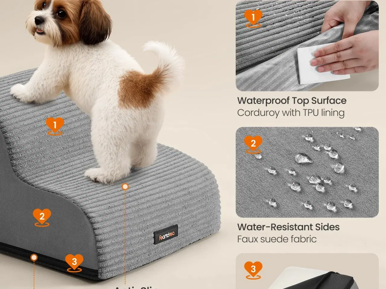 Billede 5 - FEANDREA hundetrappe 2-trins – blid rampe til sofa og seng, skridsikker, aftageligt vaskbart betræk, vandtæt foring, håndtag – duegrå (PPS002G01)