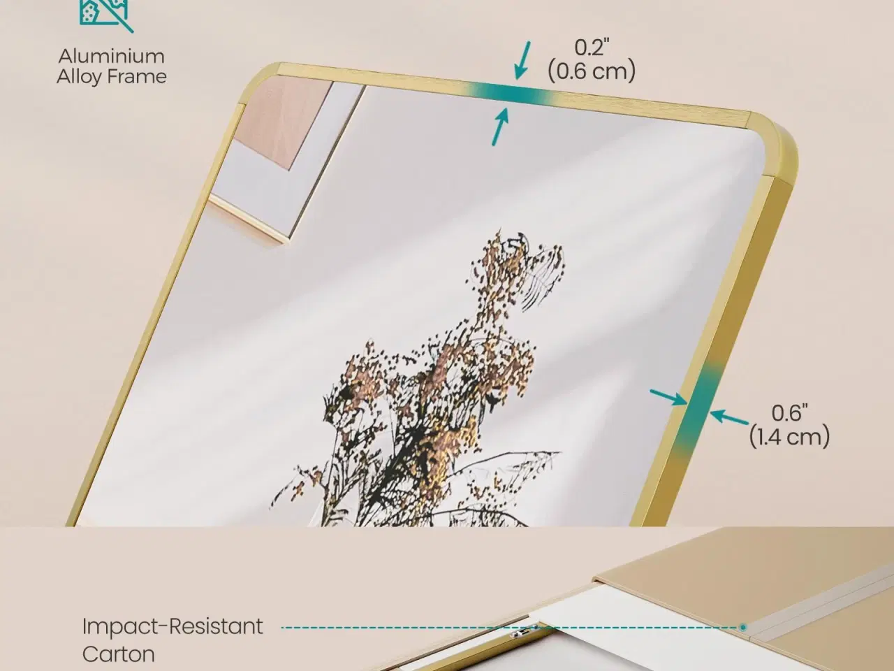 Billede 6 - Fuldfigurs gulvspejl 160 × 50 cm – rektangulært spejl med stander, hærdet glas, aluminiumsramme – lys guld