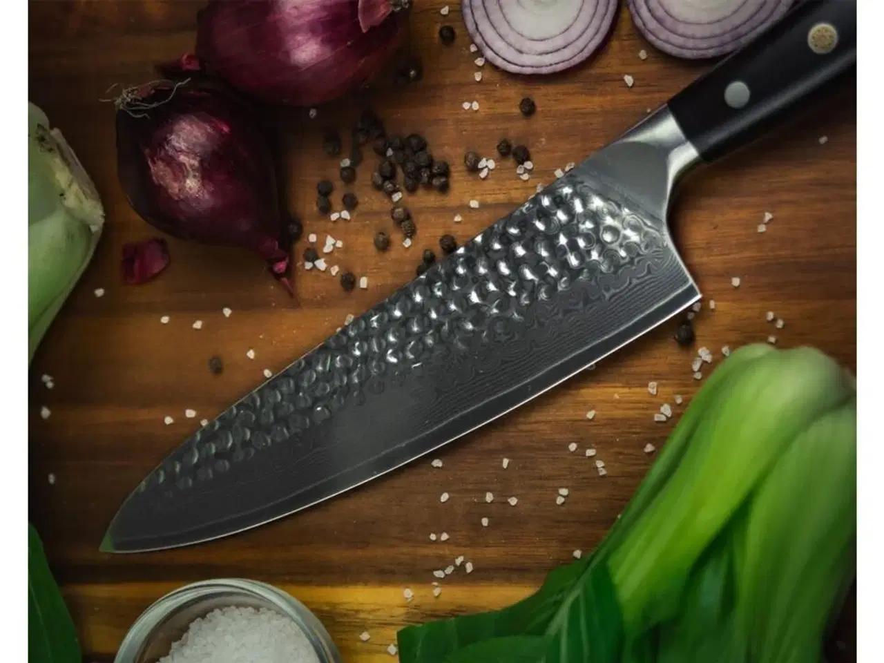 Billede 2 - Kokkekniv, 21 cm knivblad, udført i 67 lags Damaskus stål.
