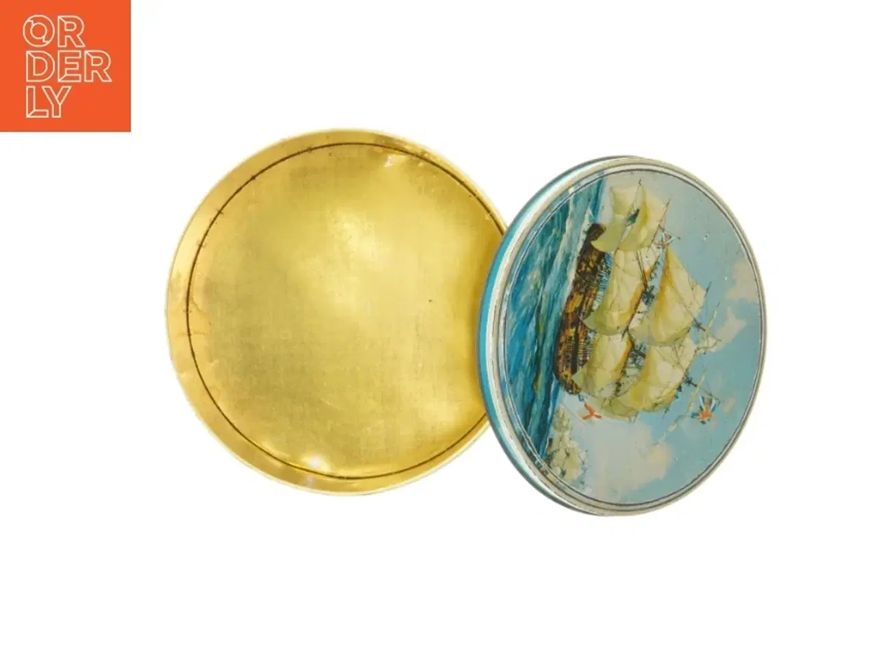 Billede 4 - Engelsk Antik Rund metaldåse med skibsmotiv (str. Ø 24 cm)