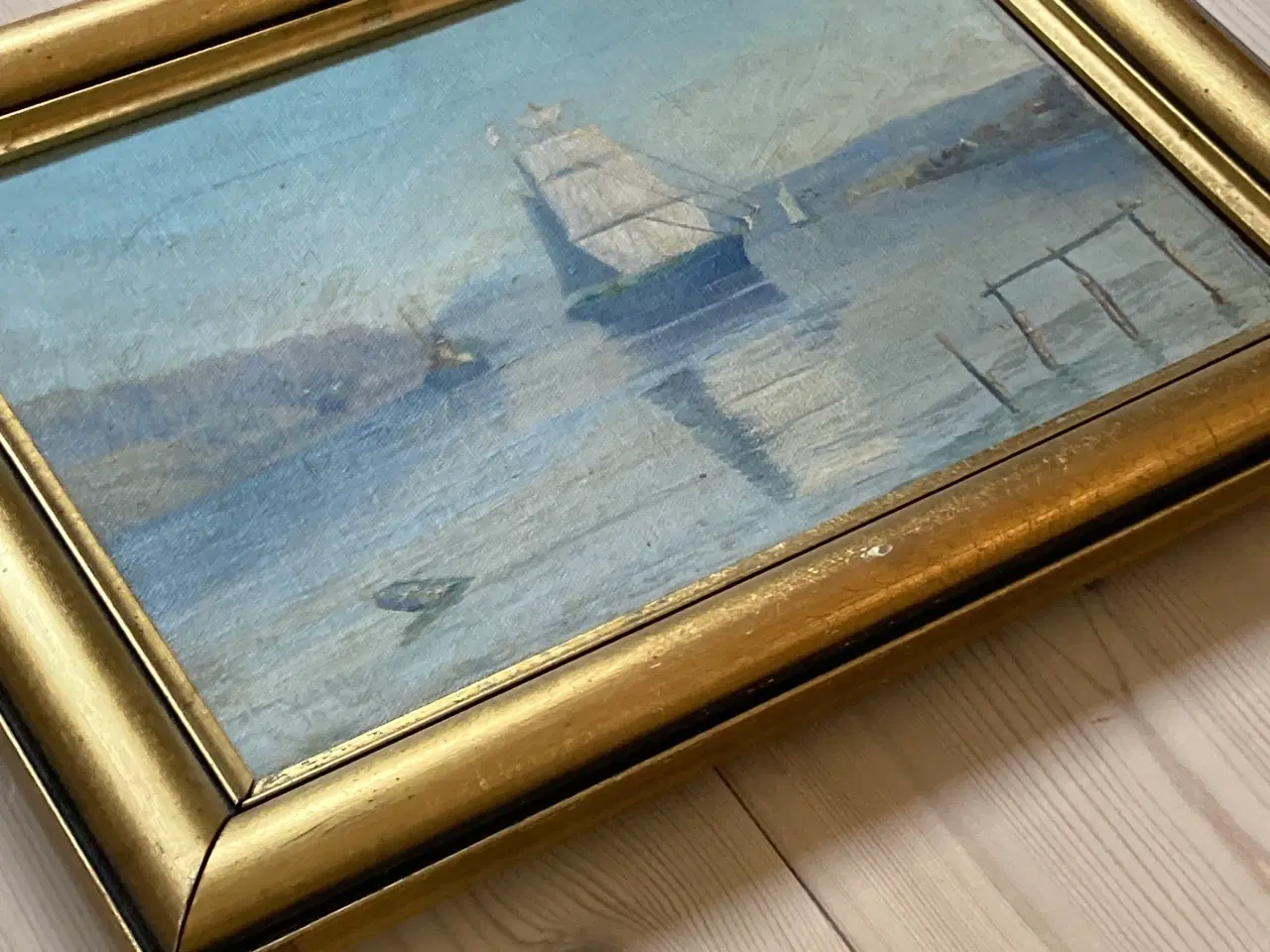 Billede 1 - Ældre kunst 1925 Maleri Skibsmotiv Guldramme