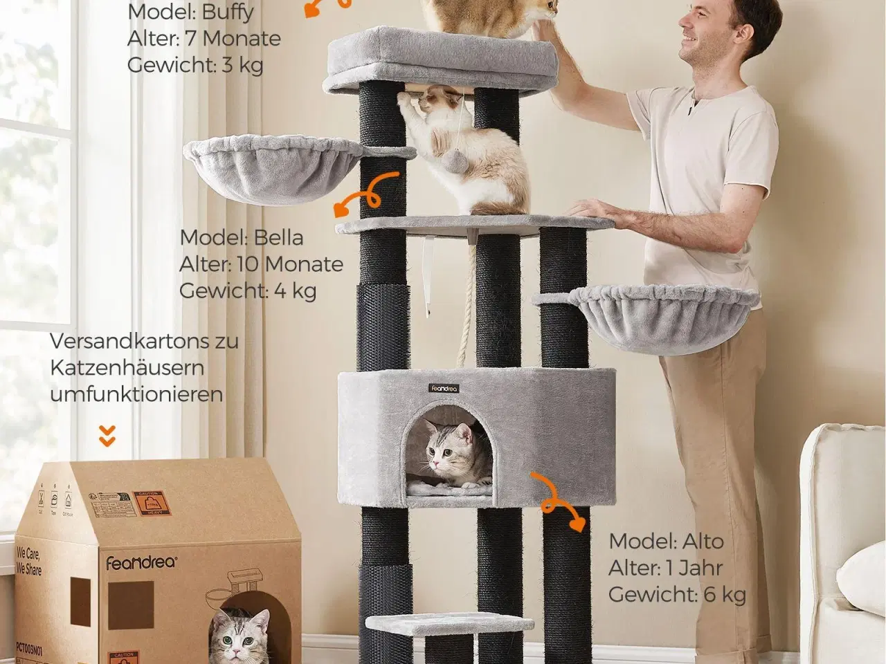 Billede 2 - Kattetræ til store katte – FEANDREA, robust kradsetræ med selvopvarmende puder, 2 selv-plejere, 9 kradsepæle, stor liggeplads, hule og kurve, 50 × 50 × 160 cm, duegrå/sort