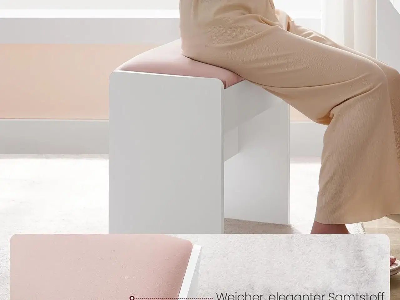 Billede 5 - Makeupskammel polstret velvet, skridsikre fødder, mat hvid/pastelrosa