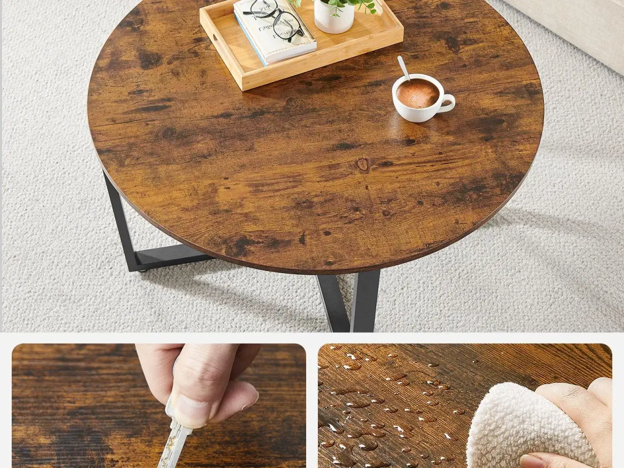 Billede 3 - Sofabord rundt industrielt design, rustik brun/sort, Ø88 × H47 cm
