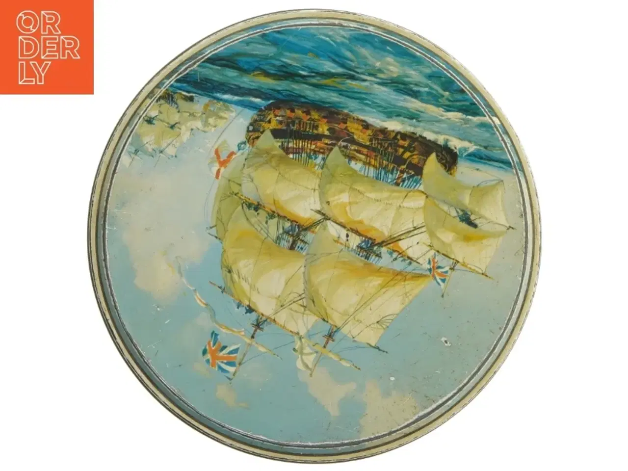 Billede 2 - Engelsk Antik Rund metaldåse med skibsmotiv (str. Ø 24 cm)