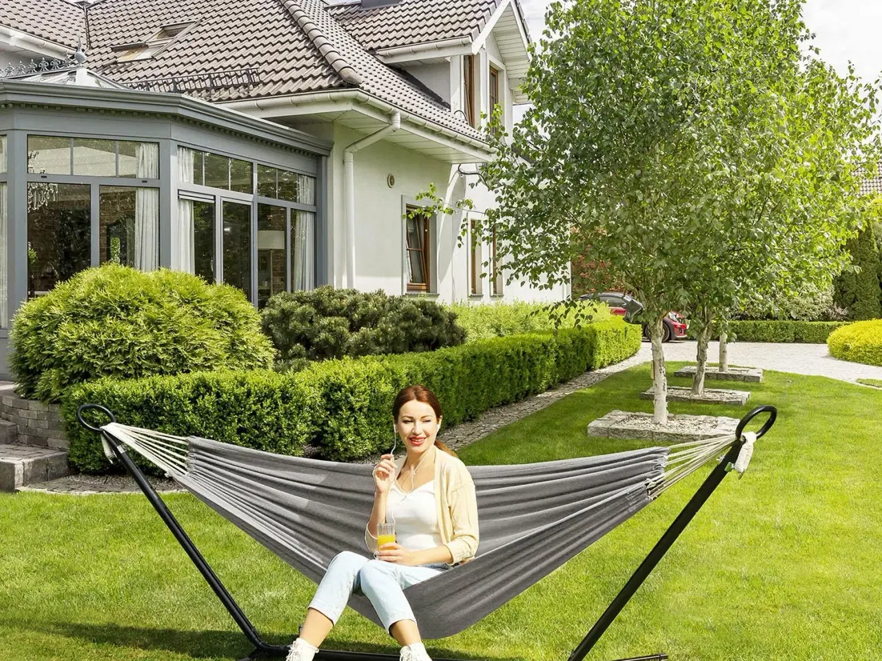 Billede 5 - Hængekøje med stativ 210 × 150 cm – 5 højder, metalstativ, kapacitet 240 kg, sort stativ/grå hængekøje