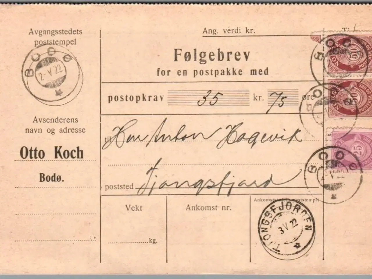 Billede 1 - Følgebrev for en postpakke  - Norge - 3 - 5 - 1922