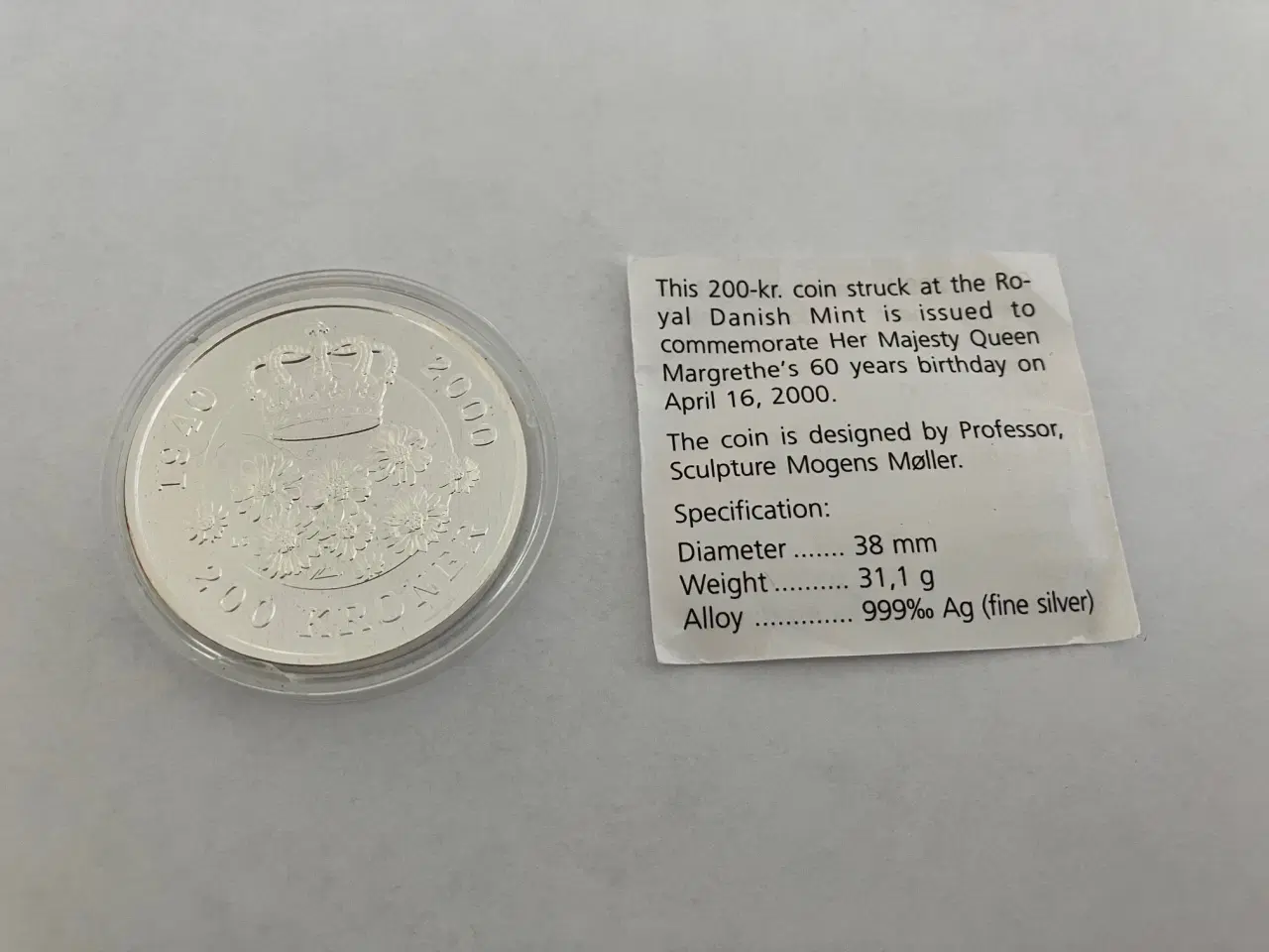 Billede 1 - 200 Kroner Sølv 1 Oz - Dronning Magrethes 60 års fødselsdag år 2000