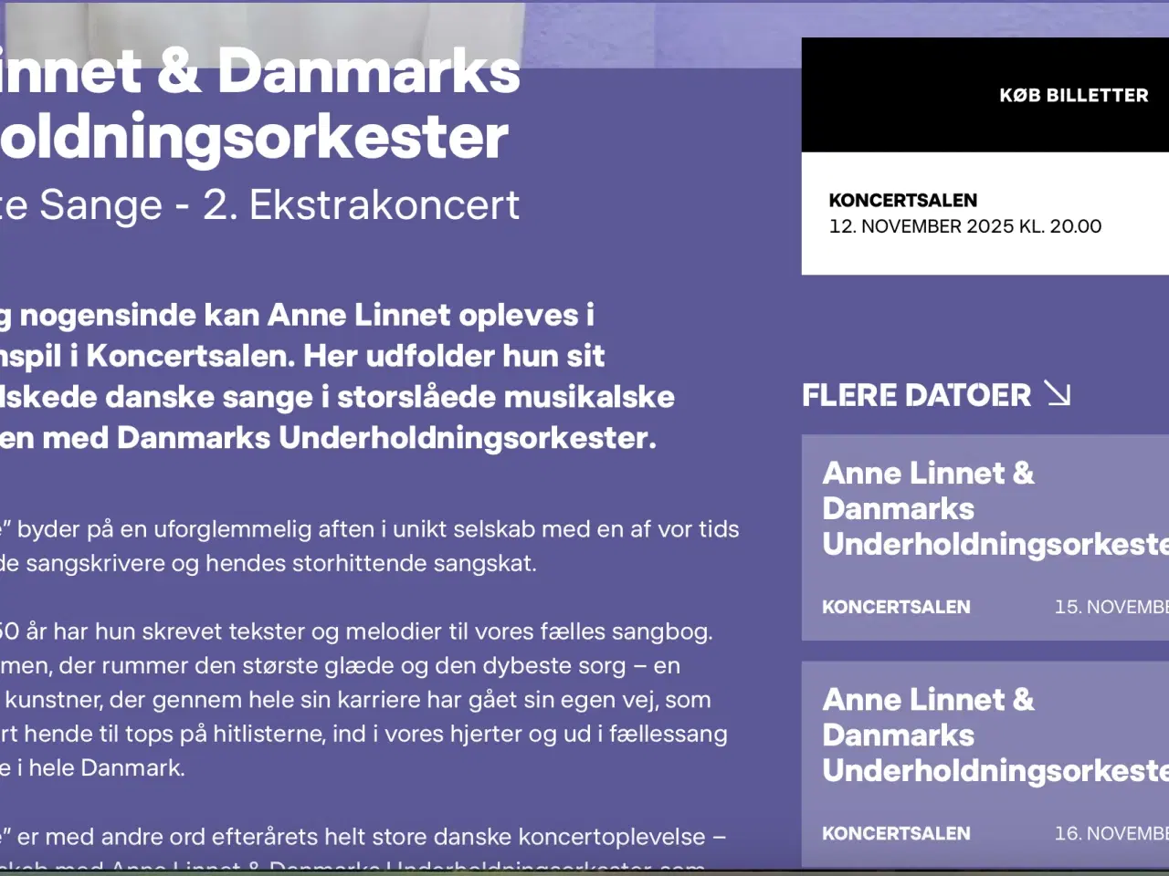 Billede 1 - Billet Anne Linnet og DR orkester Kbh 16 november