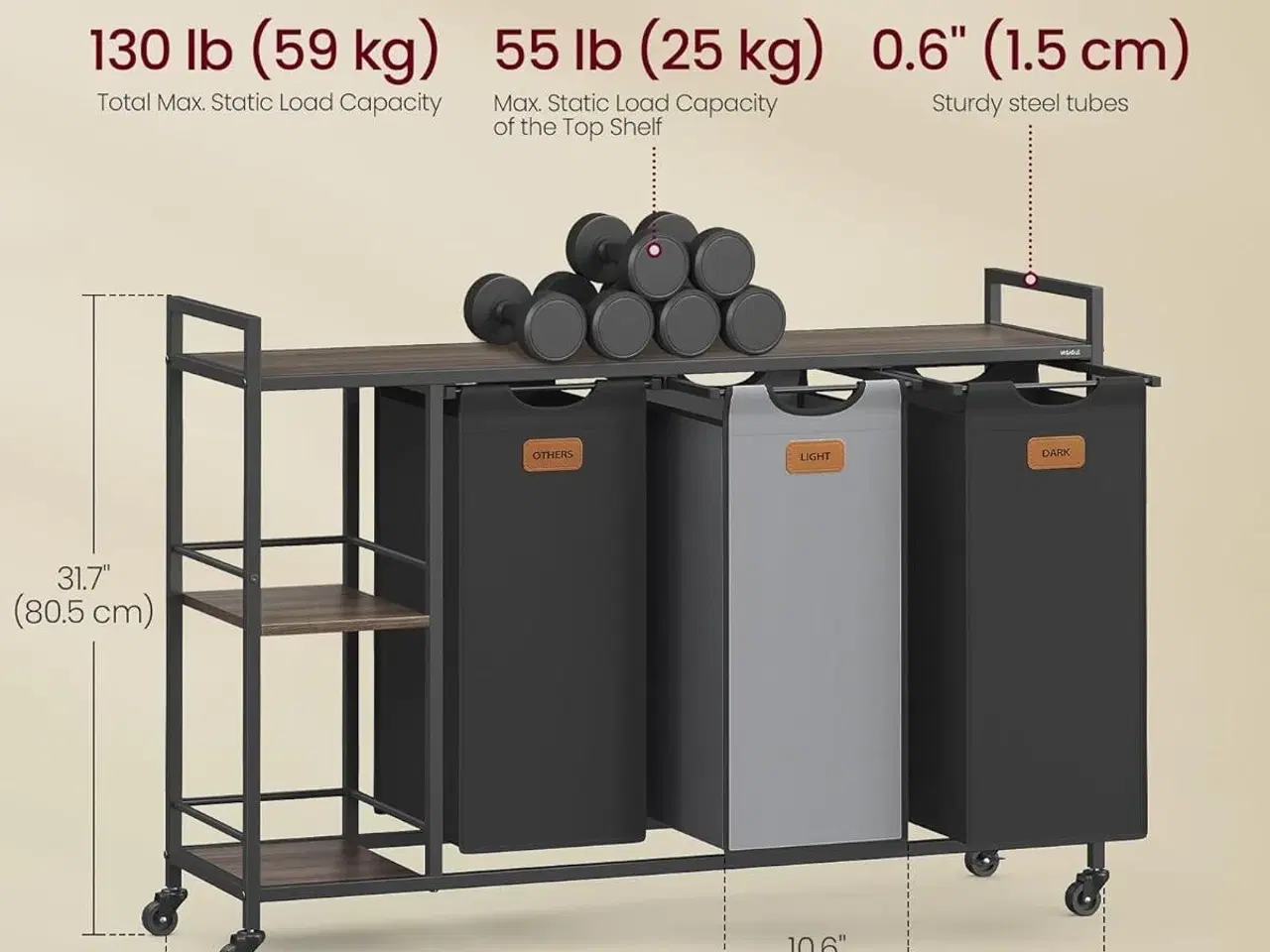 Billede 6 - Vasketøjskurv med 3 rum 150 l sorter, rullevogn med hylder, aftagelige poser, 6 mærker, kastanjebrun/sort/duvegrå
