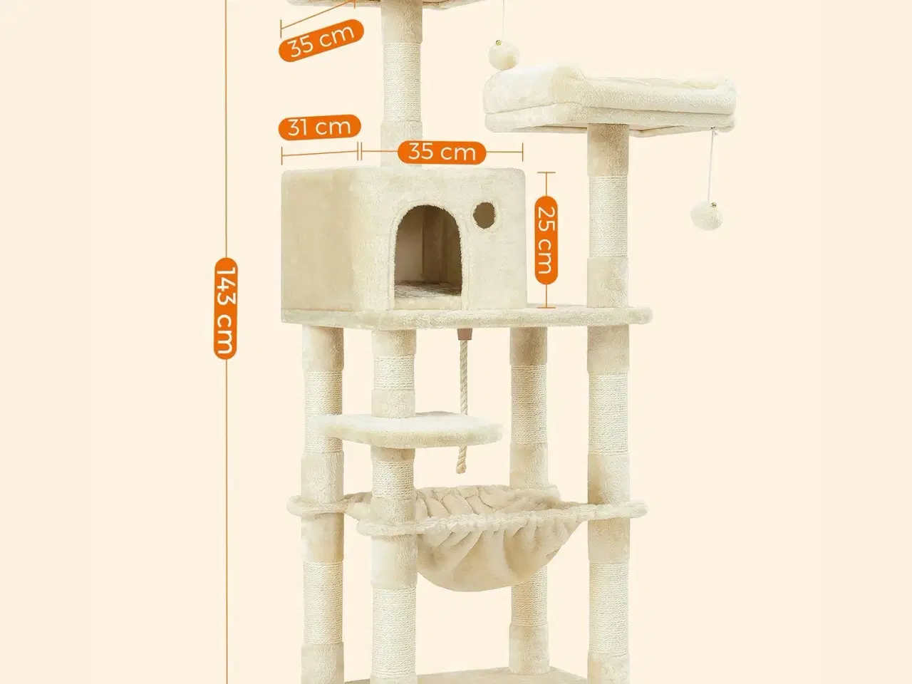 Billede 6 - Kattetårn med kradsetræ – FEANDREA, 2 plyssede udkigspladser, 143 cm, beige