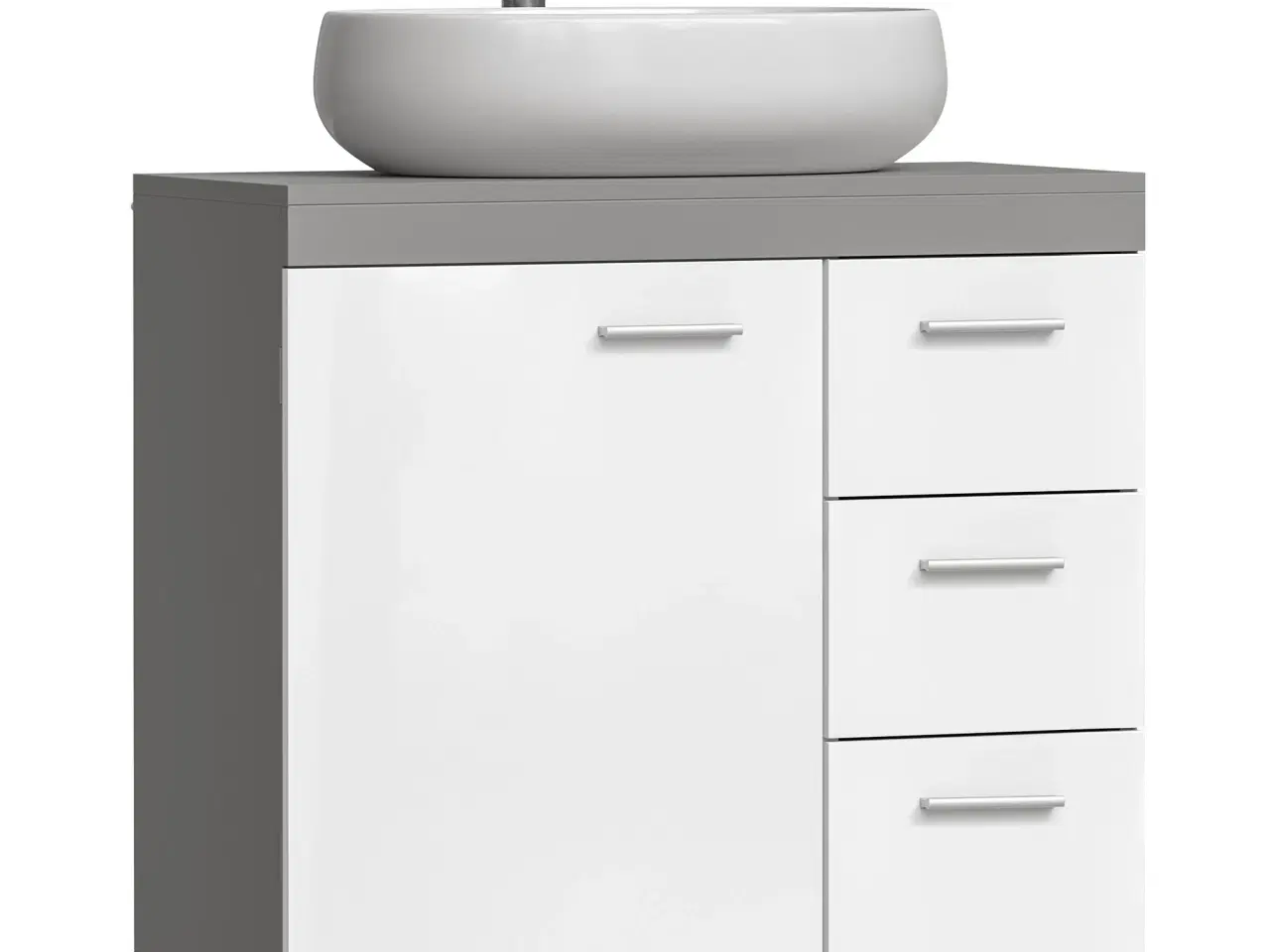 Billede 2 - Badeværelsesunderskab 3 store skuffer, 30 × 70 × 64 cm, 2 rum bag låge, med ben, skyhvid/cementgrå