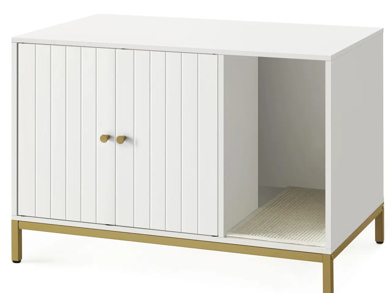 Billede 1 - Kattebakke skab – FEANDREA skjult kattemøbel med kradsemåtte, høje ben, sidebord, 80 × 50 × 55 cm, hvid/guld