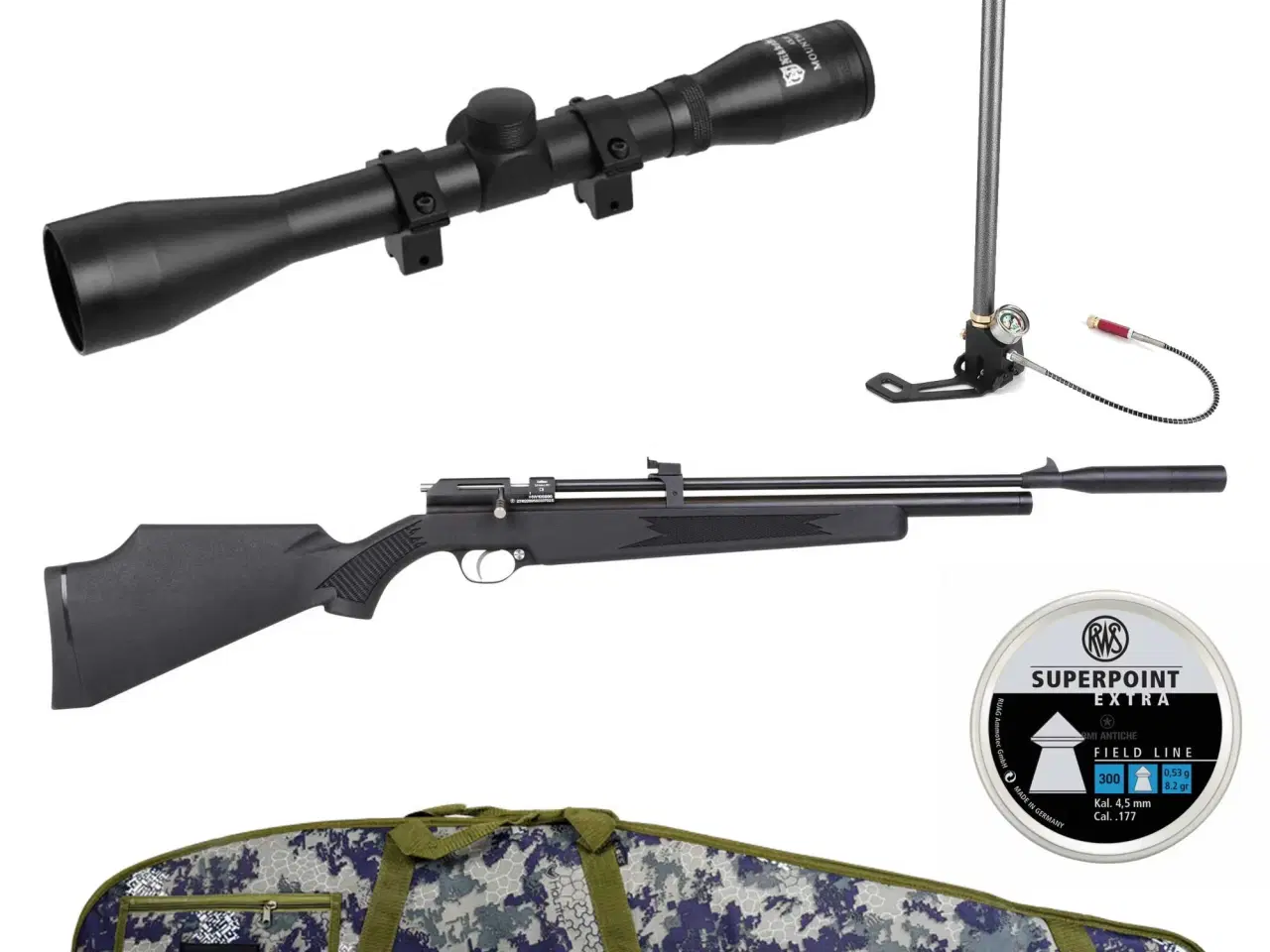 Billede 1 - Diana Stormrider 4,5 mm lyddæmper, 4x40 mm kikkert, pumpe, foderal komplet sæt