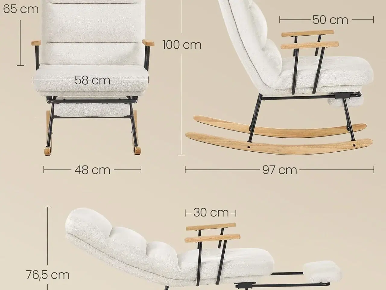 Billede 2 - Gyngestol HOME LYY016W01, justerbar ryglæn i 4 positioner, udtrækkelig fodstøtte, stålramme og gummitræslæbere, plys, 160 kg, cremehvid