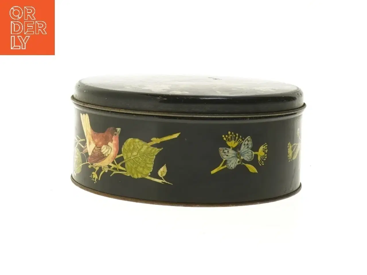 Billede 2 - Dekorativ metaldåse med fuglemotiv (str. Ø 19,5 cm længde 8,5 cm)