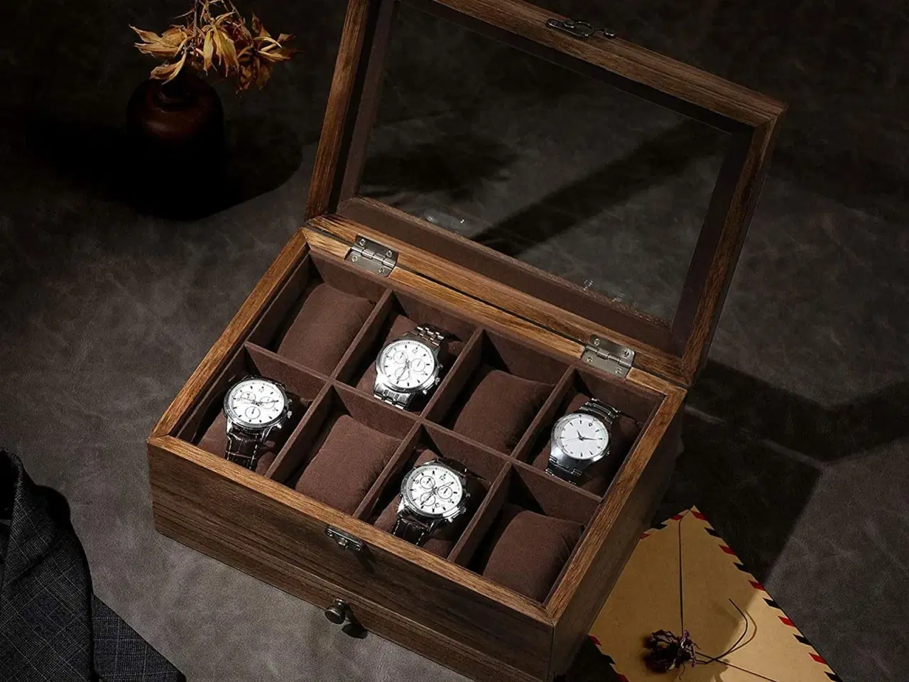 Billede 3 - Urkasse i træ med glaslåg 2 etager, 8 rum, rustik valnød