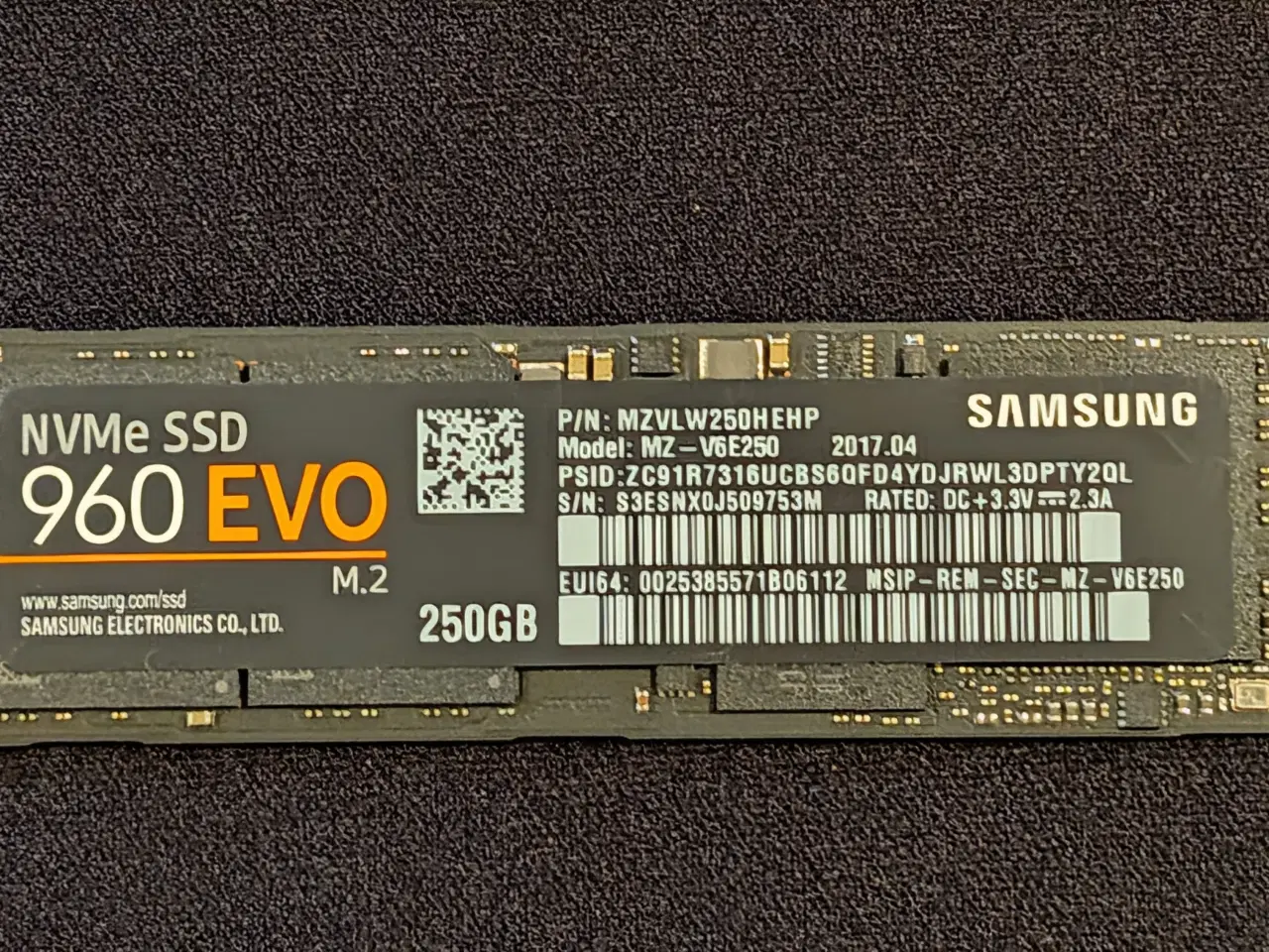 Billede 1 - 250 GB Samsung 960 EVO NVMe SSD.