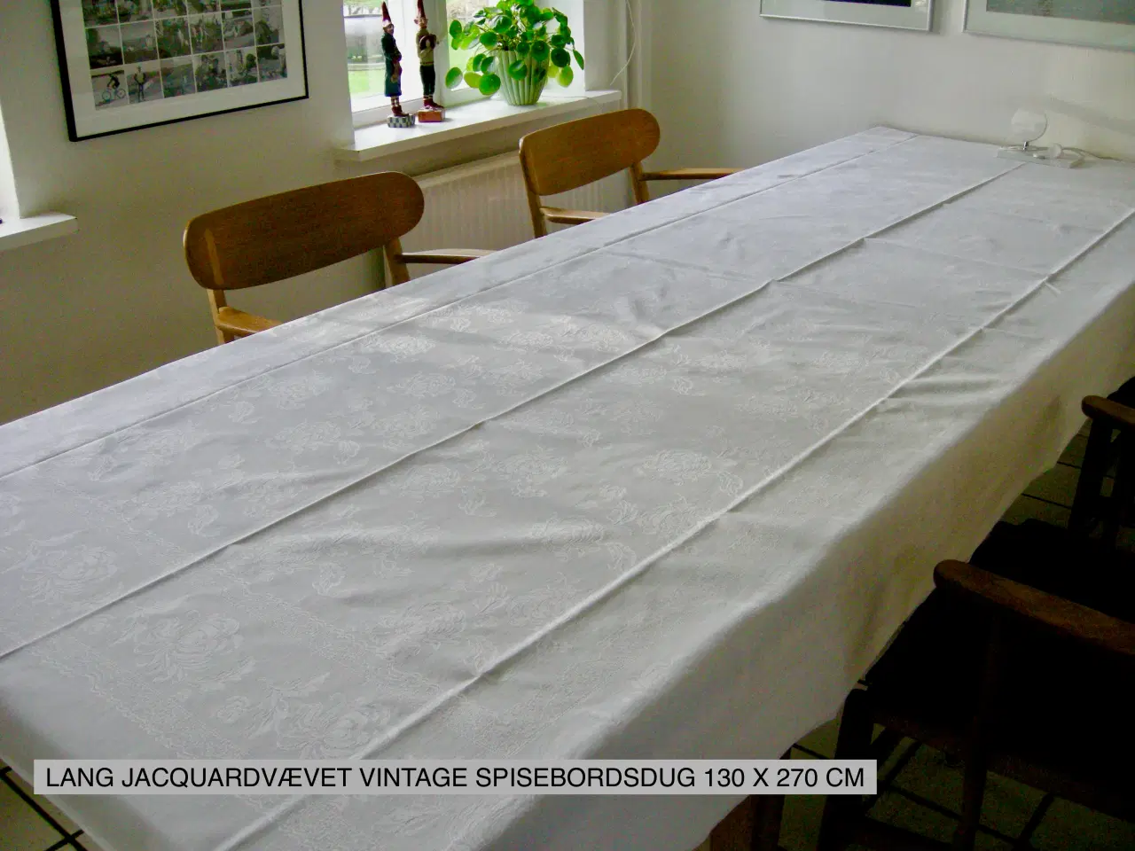 Billede 1 - Lang vintage damask spisebordsdug 130x270, Hvid