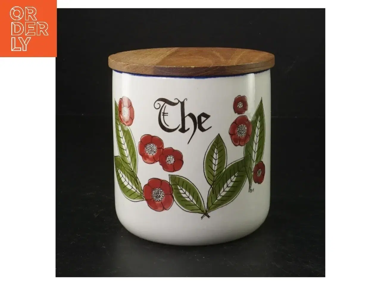 Billede 1 - Keramik tebeholder med trælåg (str. H. 13 cm. ø. 11,5 cm)