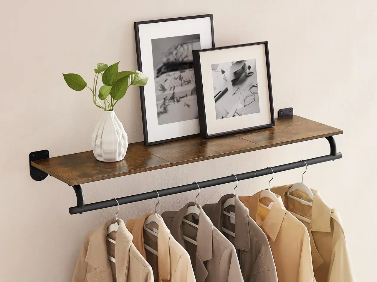 Billede 4 - Vægmonteret tøjstativ med hylde – 28 × 109 × 13,2 cm, rustik brun/sort, bæreevne 35 kg