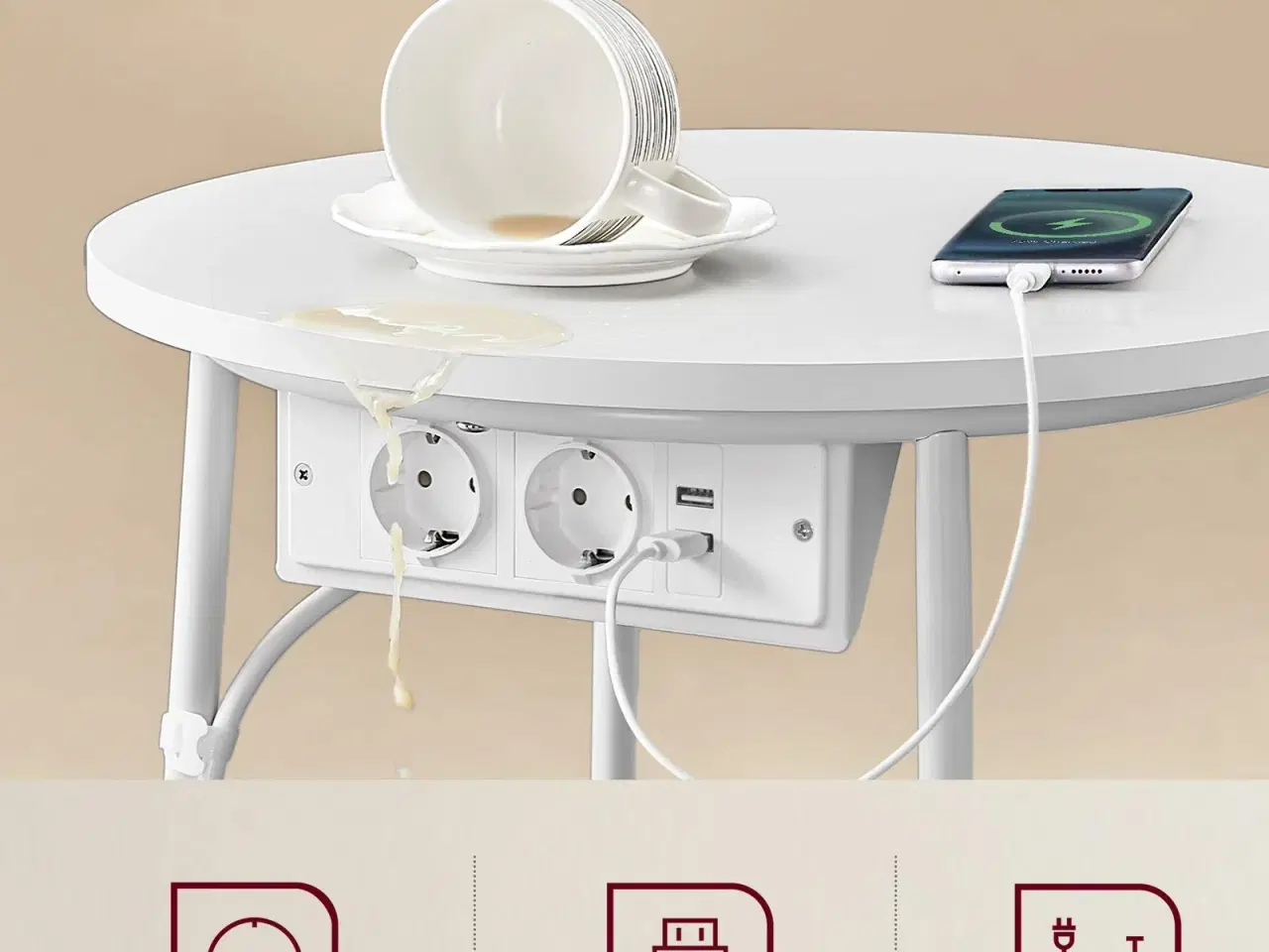 Billede 4 - Sofabord rundt sidebord med stofkurv og strømudtag, mat hvid/kamelbrun