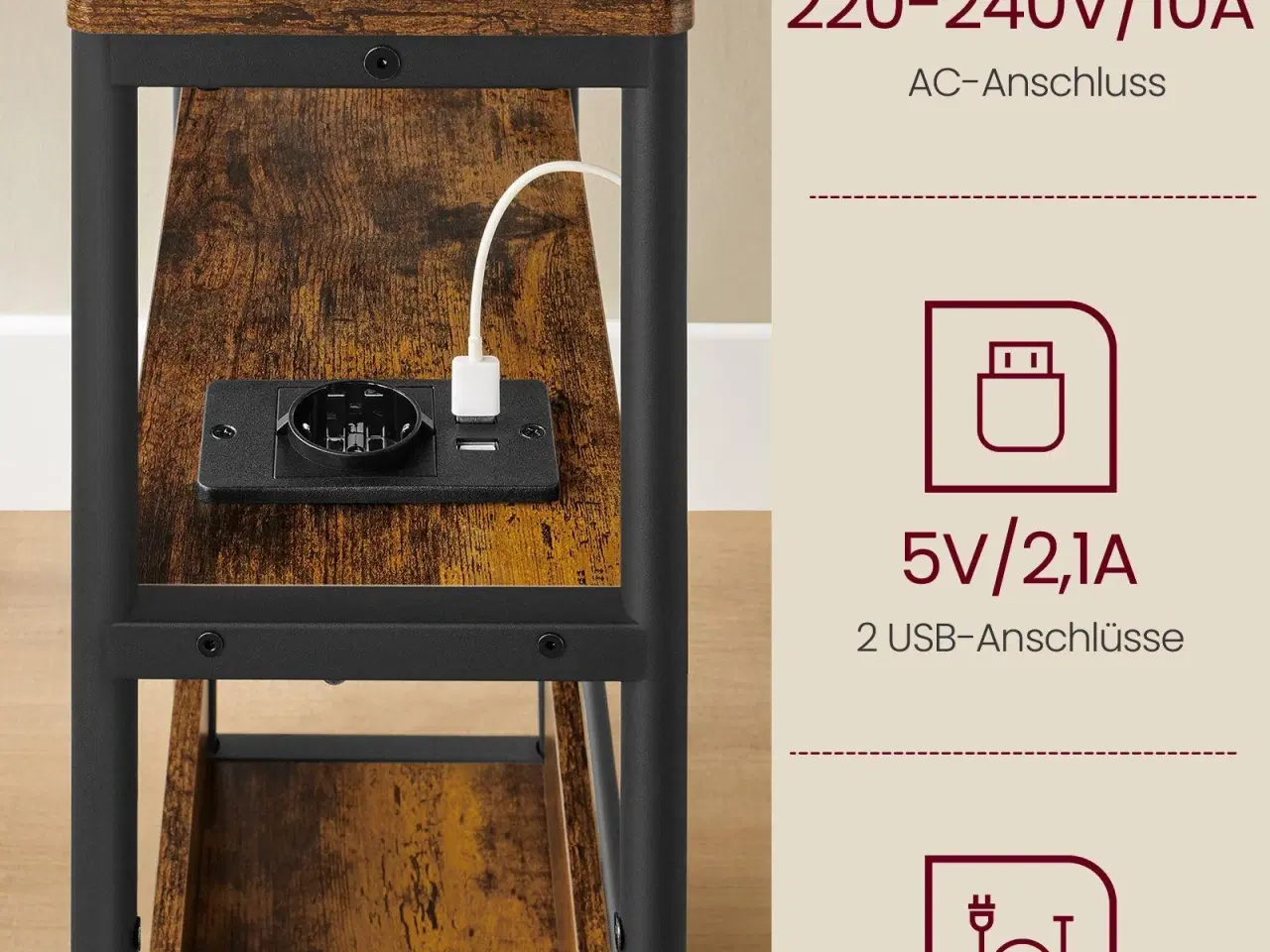 Billede 4 - Sidebord med strømudtag slim 3-etagers, tidløst rustikt brun/sort