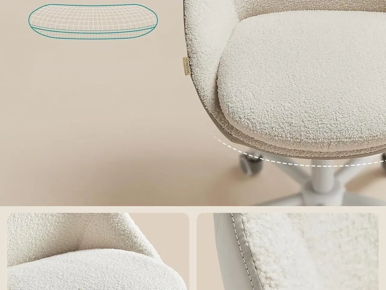 Billede 6 - Kontorstol SONGMICS sherpa – højdejusterbar drejestol til hjemmekontor og make-up, cappuccino beige/cloud hvid