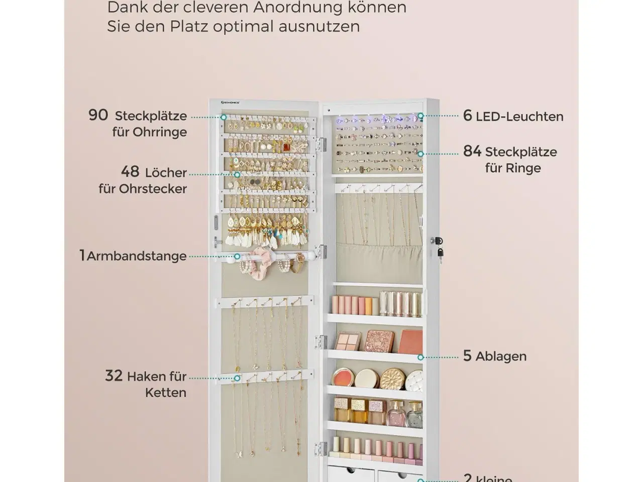 Billede 5 - Smykkeskab med spejl – SONGMICS væg-/dørhængt, låsbart, hvid med træstruktur og beige for, JJC093W01