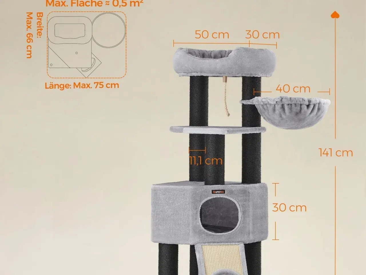 Billede 6 - Kattetræ – FEANDREA stort kradsetræ med blød plys-kurv, hule og hængekøje, ekstra tykke sisalstolper, stabilt – lysegrå PCT02W