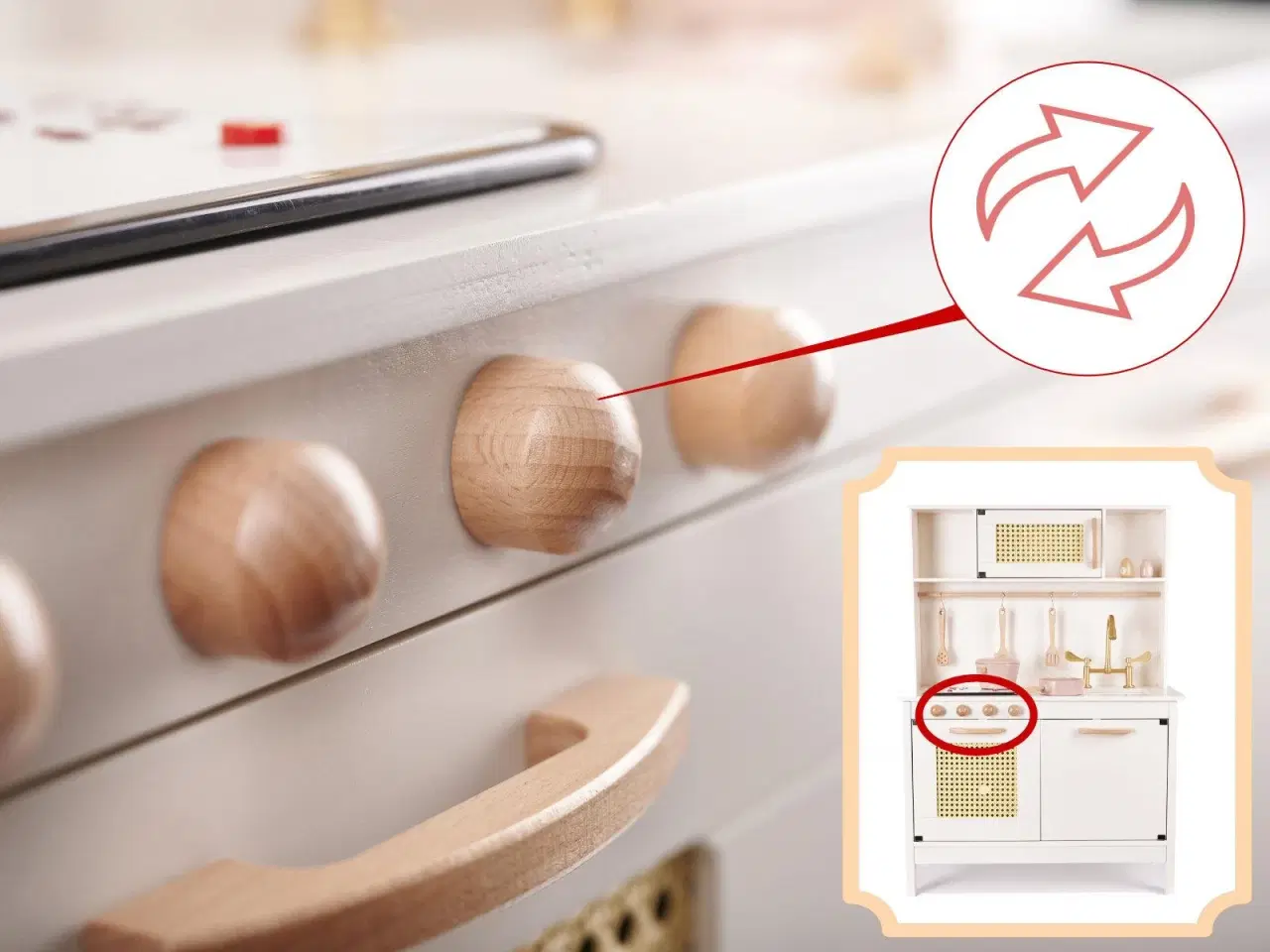 Billede 5 - Legekøkken i træ med retro look og boho tilbehør – MDF, lys og lyd