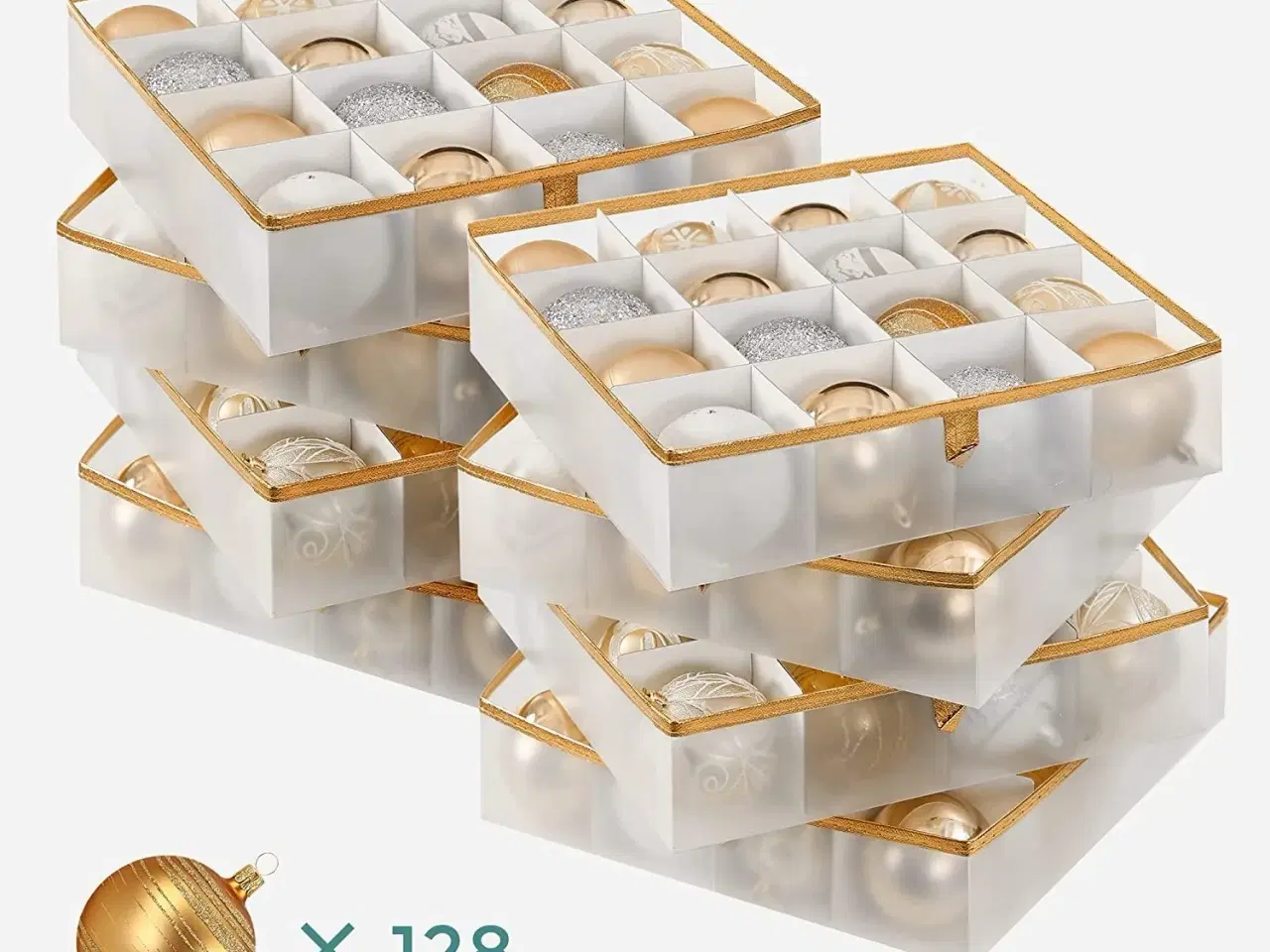 Billede 4 - Julekugle opbevaringsbokse 2 stk., halvtransparente med gulddetaljer, 128 rum, aftagelige rumdelere, RFB029A02