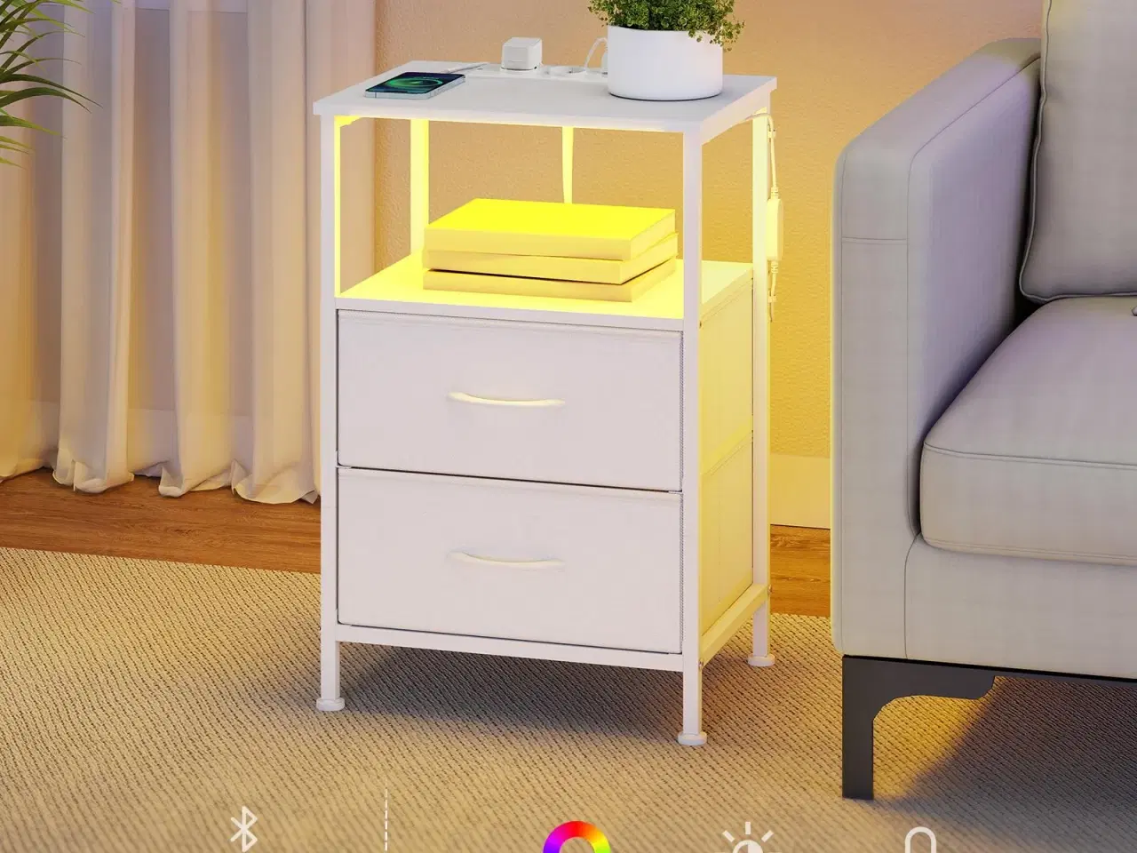 Billede 4 - Sengebord med ladestation og app-styret LED – 1 åbent rum, 2 skuffer – Cloud White/Snow White