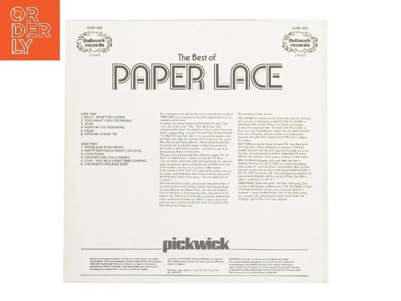Billede 3 - The Best of Paper Lace Vinyl Record fra Hallmark Records