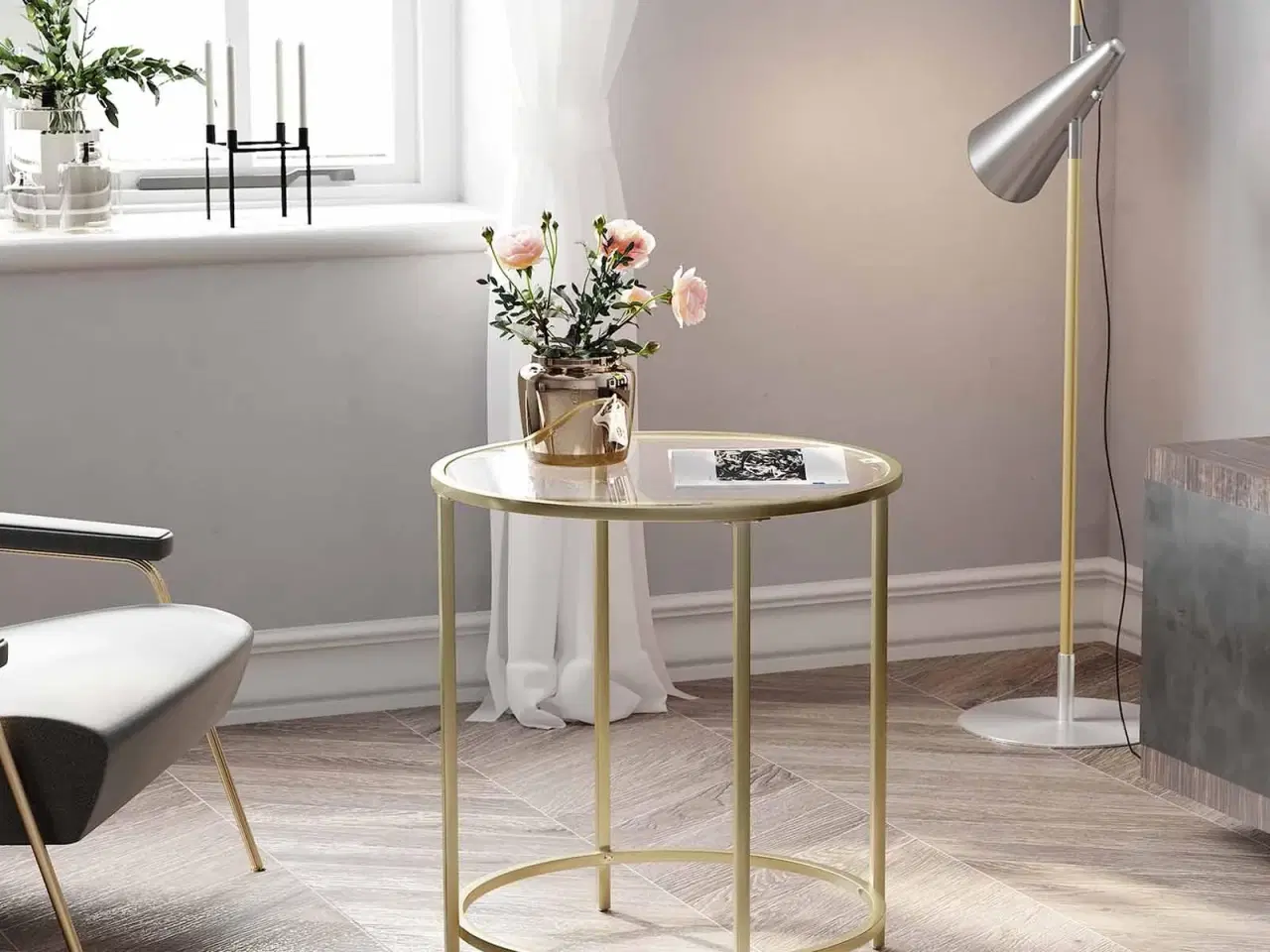 Billede 4 - Sidebord rundt hærdet glas og gylden metalramme, lille sofabord/natbord, guld LGT20G (Ø 50 × H 55 cm)