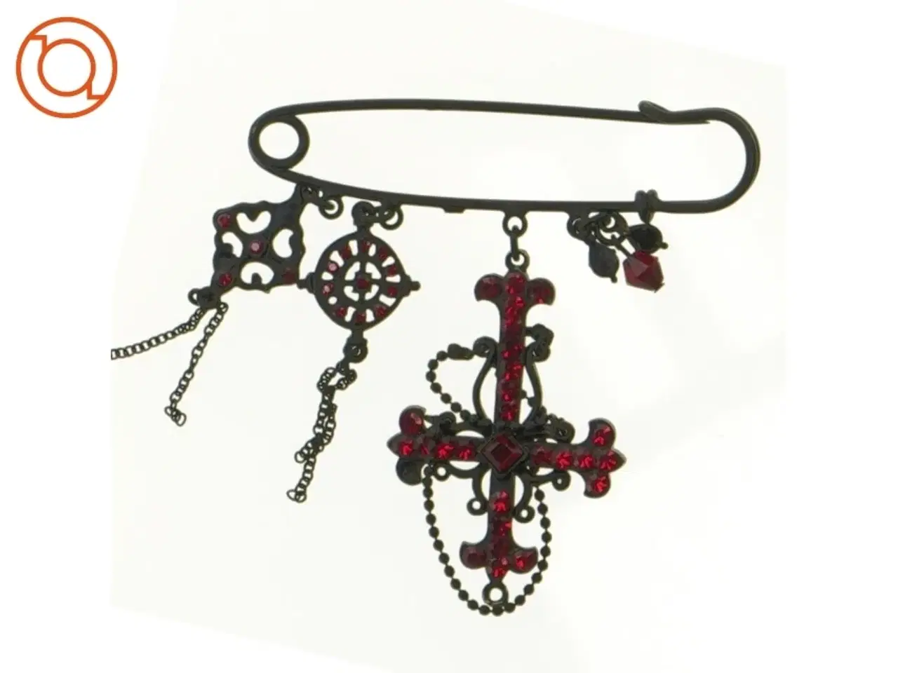 Billede 1 - Broche / sikkerhedsnål med sort og rød simili (str. 7 cm)