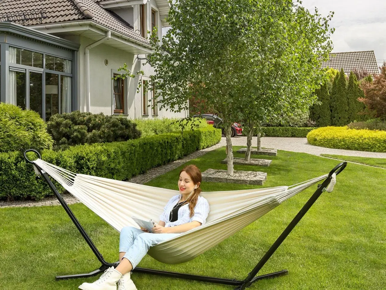 Billede 5 - Hængekøje med stativ – 210 × 150 cm, 5 højder, metalramme, 240 kg – sort stativ og beige hængekøje