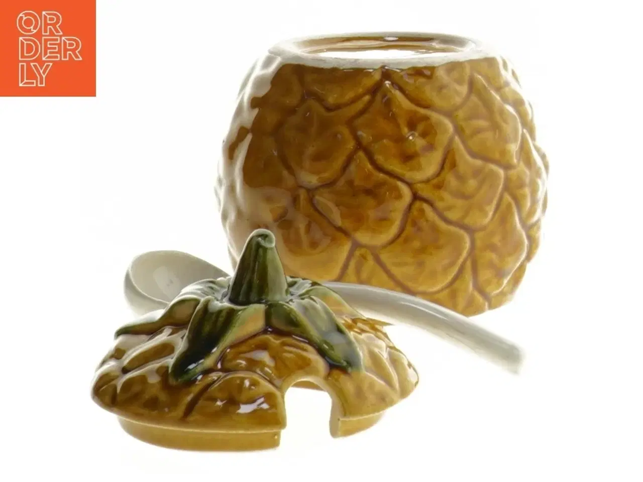 Billede 4 - Gammel marmelade- eller honningkrukke med låg og ske (str. Ø 7x11 cm)