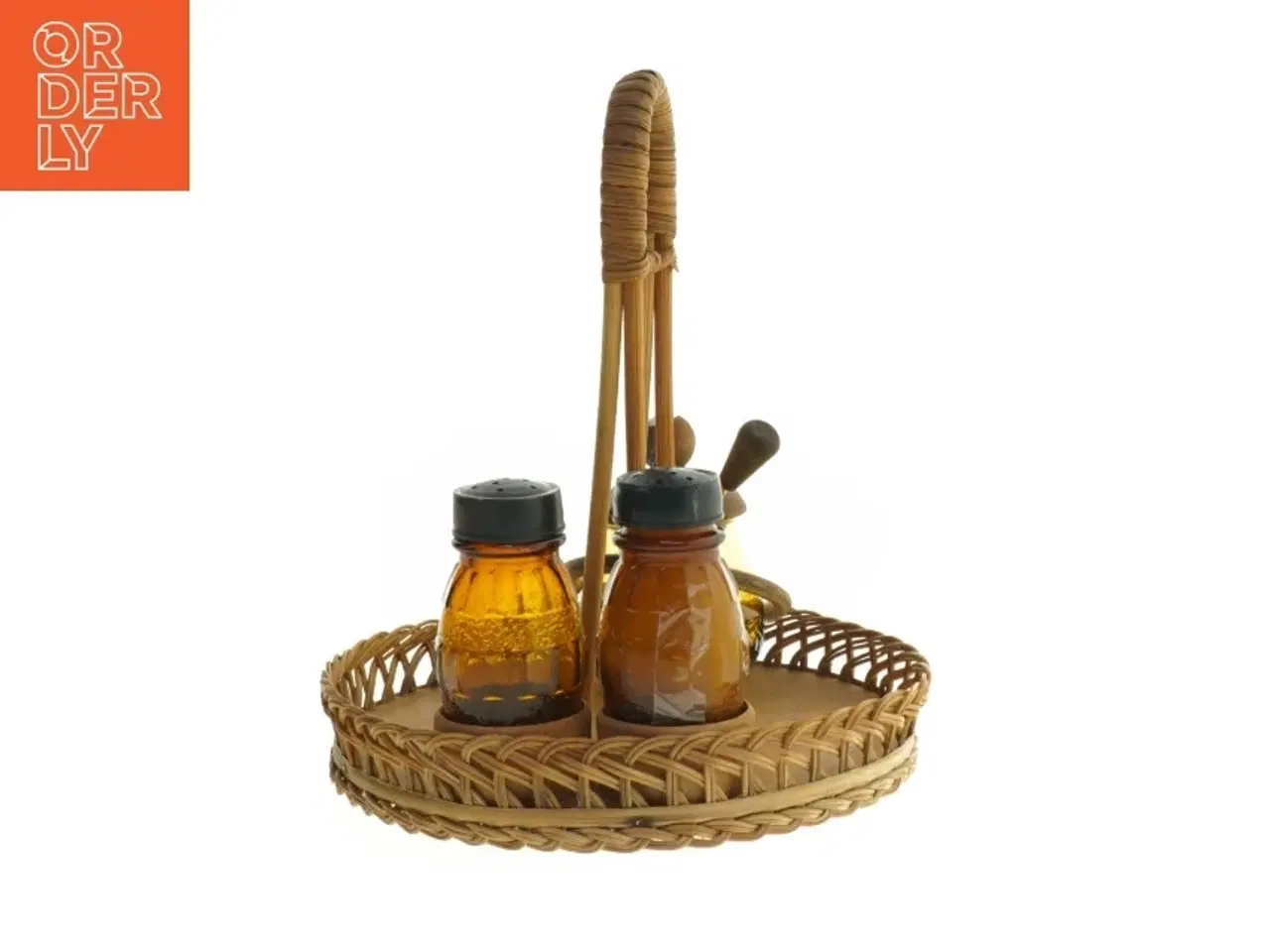 Billede 2 - Vintage Plat de Menage Teaktræ & Flet Serveringssæt (str. Ø. 18 cm. længde. 24 cm)