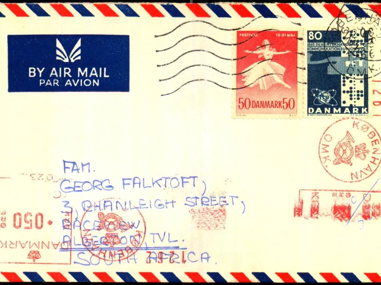 Billede 1 - Luftpost / Efterporto - Brev fra Danmark til Syd Africa -   22 - 6 - 1966 - Efterporto 50 Øre