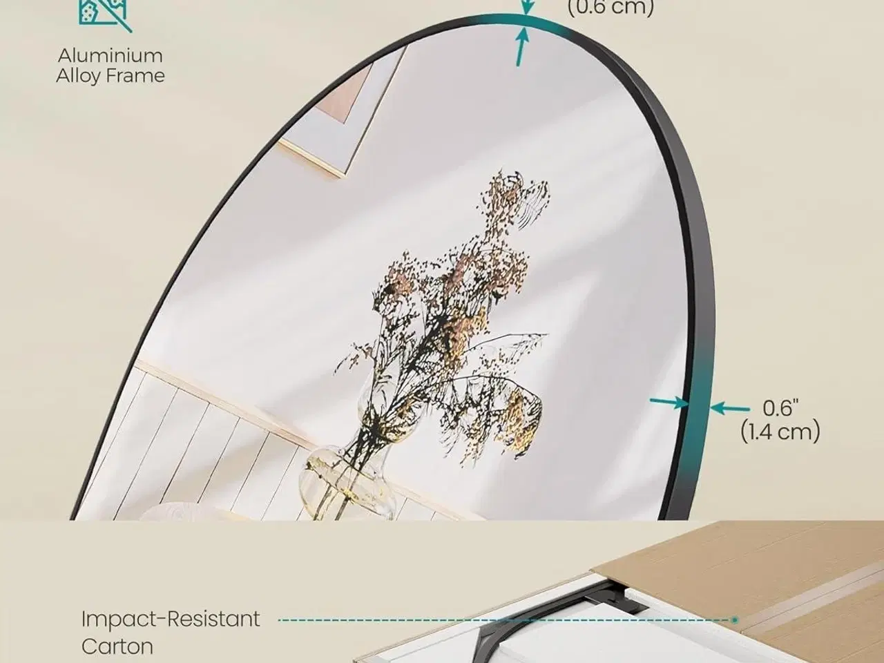 Billede 7 - Gulvspejl fuld længde 160 × 50 cm buet spejl med stander, hærdet glas, aluminiumsramme, Ink Black