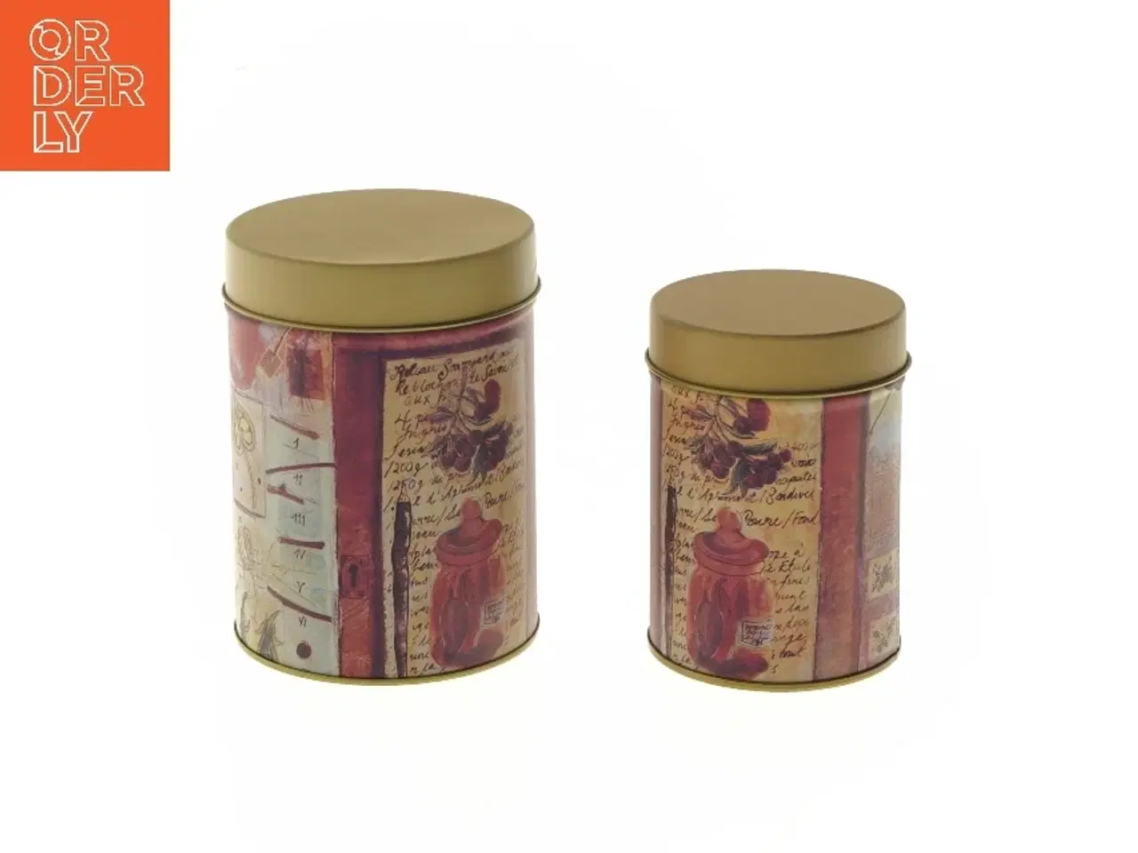 Billede 1 - Sæt af dekorerede metalbeholdere (str. Ø 9,5x13 og Ø 8x10 cm)