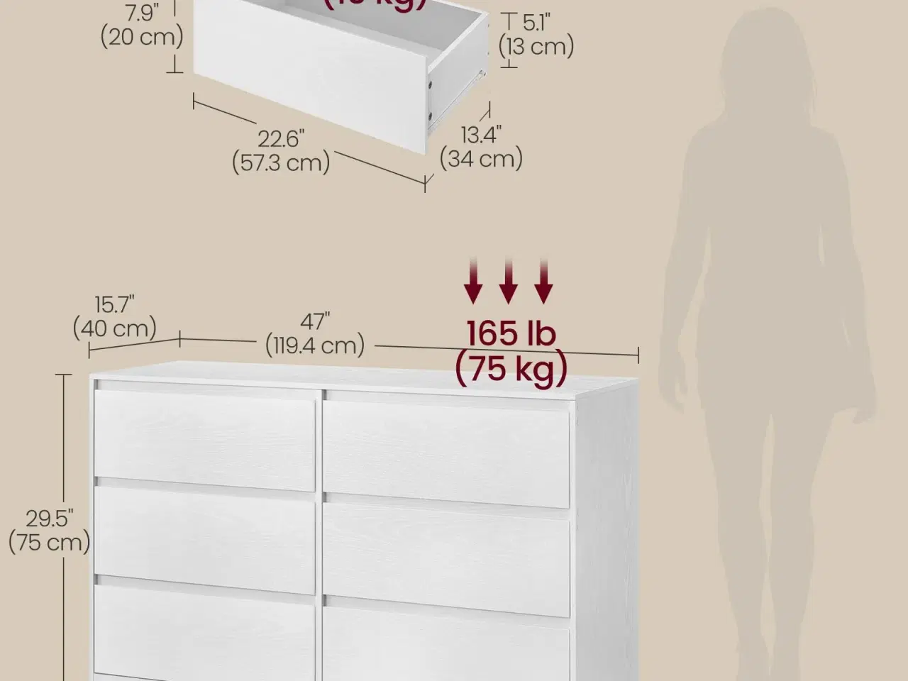Billede 5 - Kommode med 6 skuffer – moderne opbevaringsskab, 40 × 119,4 × 75 cm, hvid
